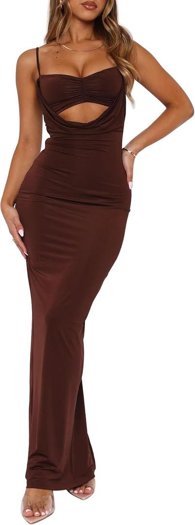 Women's Backless Sleeveless Spaghetti Strap Bodycon Mini Dress Slim Fit Summer Party Club Night Out Beach Dresses (Dark Brown)