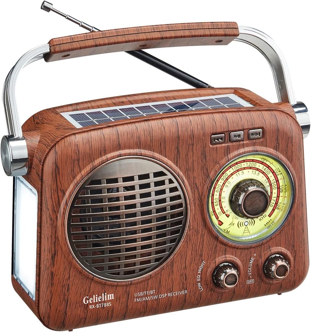 Gelielim Radios Portable AM FM SW,Vintage Radio Bluetooth Speaker with Crystal Clear Sound, Rechargeable Battery Powered, Retro Small Radio with Solar Panel & Flashlight, Gifts for Seniors Elderly (Brown)