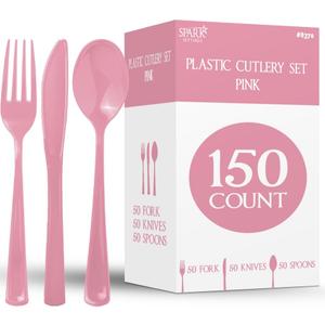 150 Pack Plastic Silverware Heavy Duty, Pink Disposable Cutlery, 50 Spoons, 50 Forks, 50 Knives, Plastic Utensils Set for Home Office School Party Picnics Weddings & More - SparkSettings