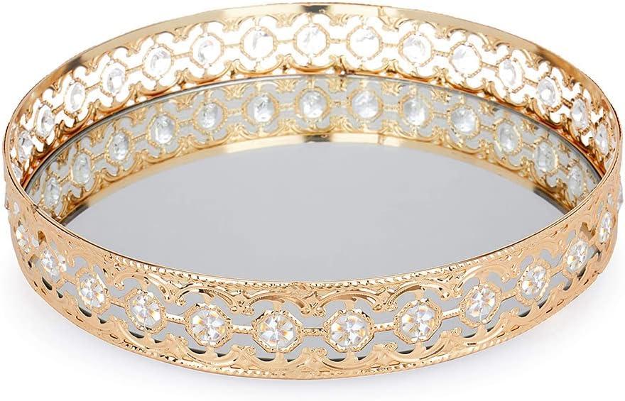 Gold Bathroom Vanity Glass Round Coffee Table Tray Decor, Perfume Organizer Tray with Mirror for Counter & Bedroom (Gold, 11.8 in)