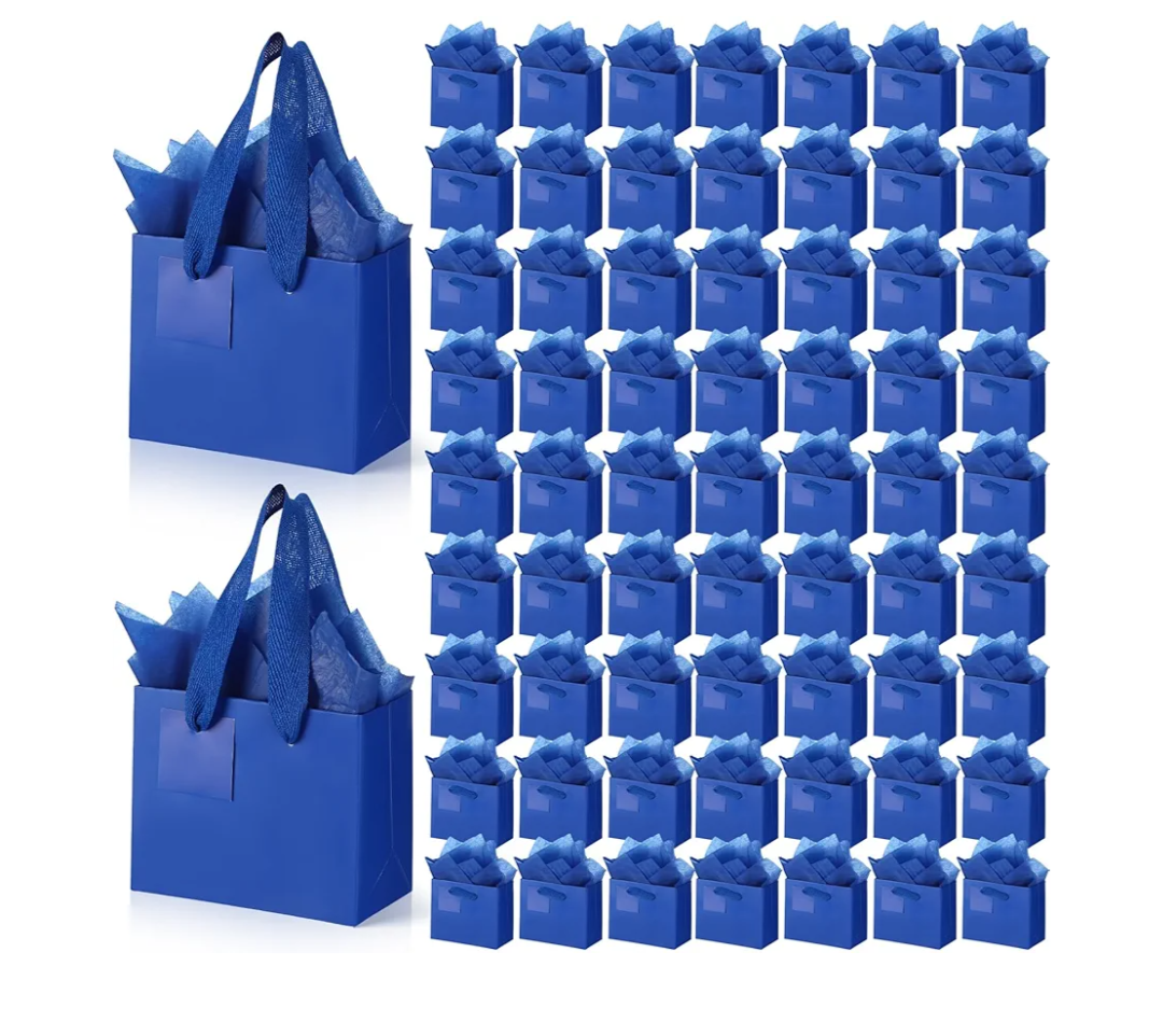 Zhanmai 100 Pcs 4.7 x 2.4 x 3.9 Inch Mini Gift Bags Bulk with Tissue Paper Kraft Paper Bag with Handle Gift Tag for Birthday Party, Wedding Showers (Dark Blue)