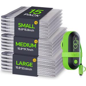 Vacbird Vacuum Bags for Travel with USB Electric Pump, 15 Pack Carry-on Size Compression Packing for Luggage and Suitcase, Space Saver Bags for Clothes and Clothing Travel