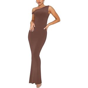 REORIA Women's Summer Sexy One Shoulder Formal Long Dress Wedding Guest Elegant Sleeveless Ribbed Bodycon Maxi Dresses (Brown,S)