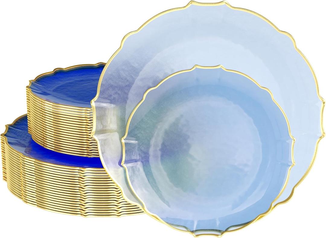 Exquisite Disposable Plastic Plates for Party 40 Piece Fancy Plastic Plates Disposable Plates 20 X 7.5 Dessert Plates disposable & 20 X 10 Thin Delicate Plastic Disposable Plates Spring Lake Gold Rim