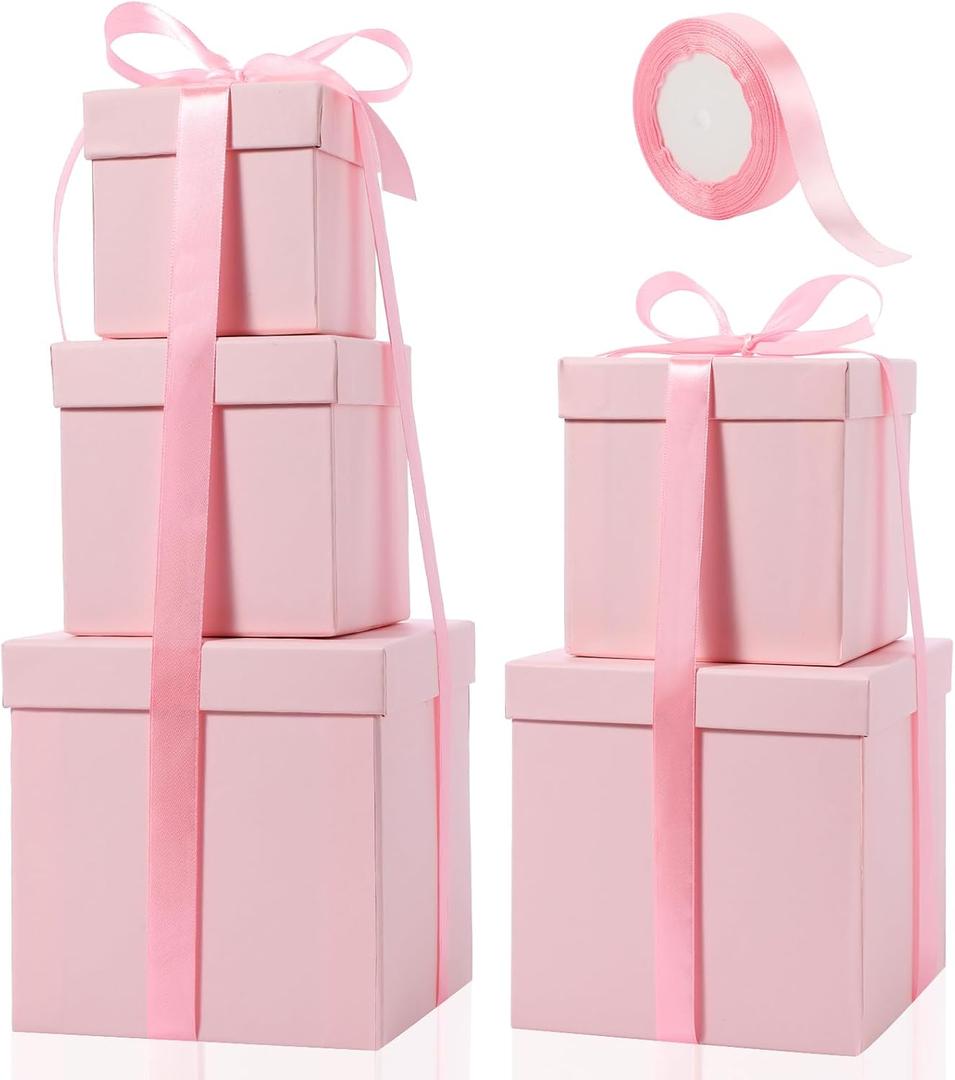 Cholemy 5 Pcs Square Nesting Boxes Decorative Gift Boxes with Lid and Ribbon Assorted Sizes Wrap for Wedding, Carnival, Anniversary, Birthday, Bridal Shower Party Gifts(Pink), White Card