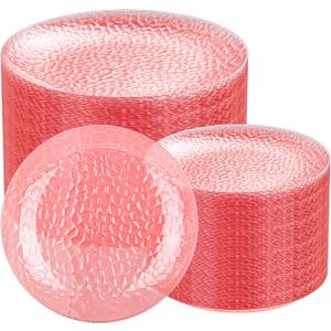 Rubtlamp 100 Pcs Clear Pink Plastic Plates Dinnerware Set, Hammered Plastic Pink Plates Set,Clear Disposable Party plates Include 50 Dinner Platos,50 Dessert Platos