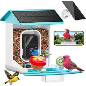 Smart Bird Feeder with Camera-AI Identify 11,000+ Species, 2K HD Auto Capture Birds Video & 64G TF Card, Solar-Powered Wireless Outdoor Design, Birdhouse with Built-in Two-Way Microphone (Light Blue)