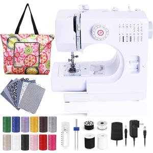 Sewing Machine for Beginners, Electric Mini Portable, 14 Built-in Stitches with Reverse Sewing, 2 Speeds Double Thread with Foot Pedal, Storage Bag, Cotton Fabric and Threads (White)