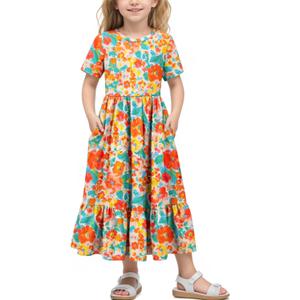 LQSZ Girls Maxi Summer Dress with Pocket Short Sleeve Spring Boho Long Sundress Casual School for Kids Size 3-12 Years (5-6 Years, Red Floral)