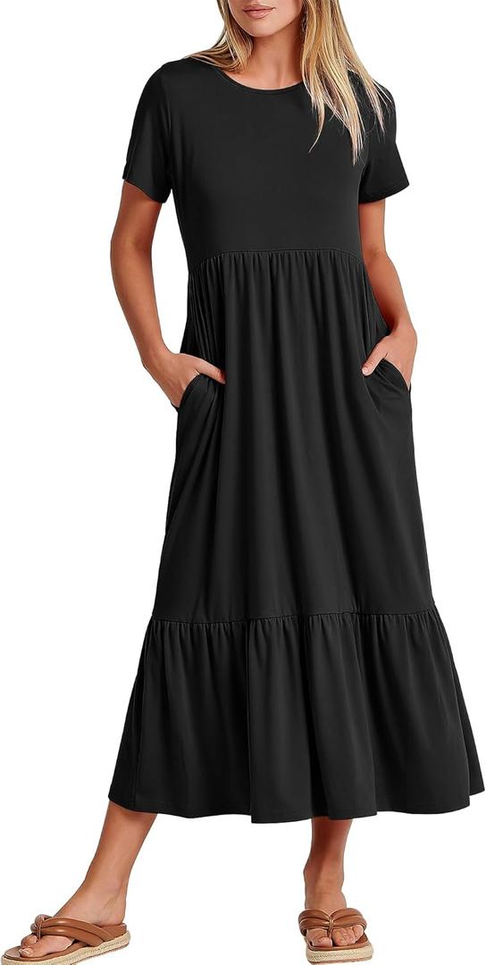 ANRABESS Womens 2025 Summer Casual Maxi Dress A line Tiered Flowy Short Sleeve Crewneck T Shirt Beach Travel Long Dresses Black X-Large