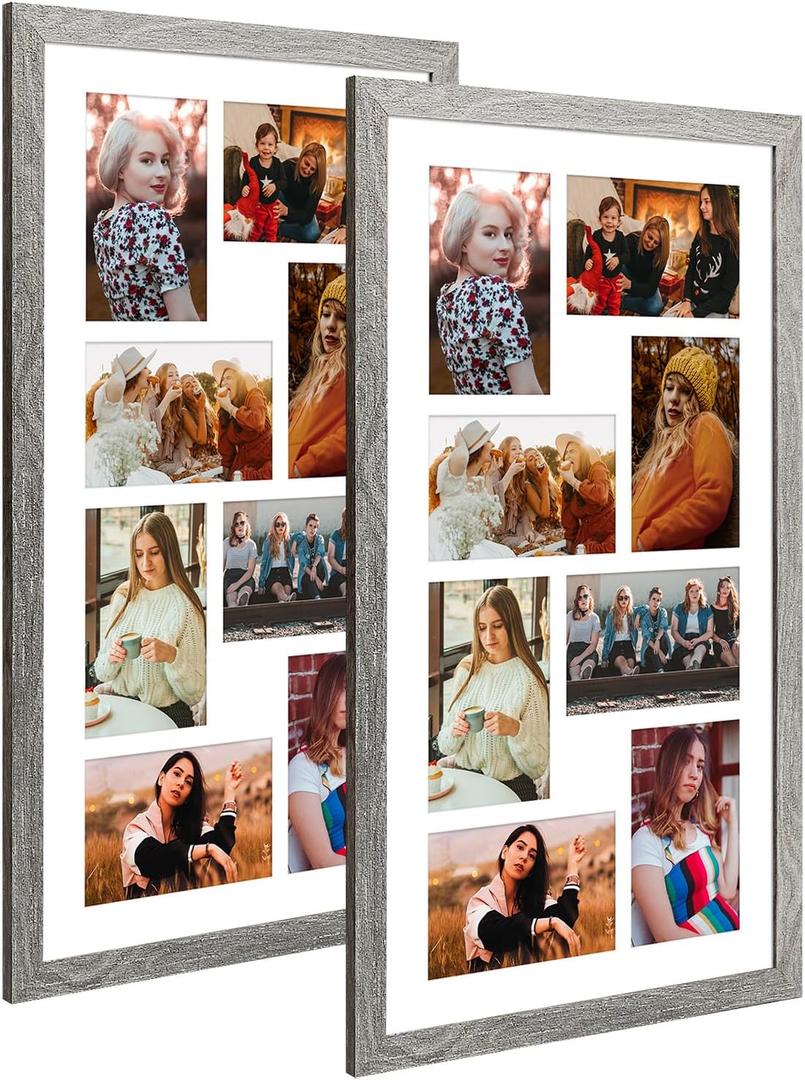 11.8x21.8 Collage Frame with 8 Openings 4X6 Pictures, Multiple Picture Frame with Mat, Wall or Tabletop Decor, Grey Wood Grain ONE FRAME