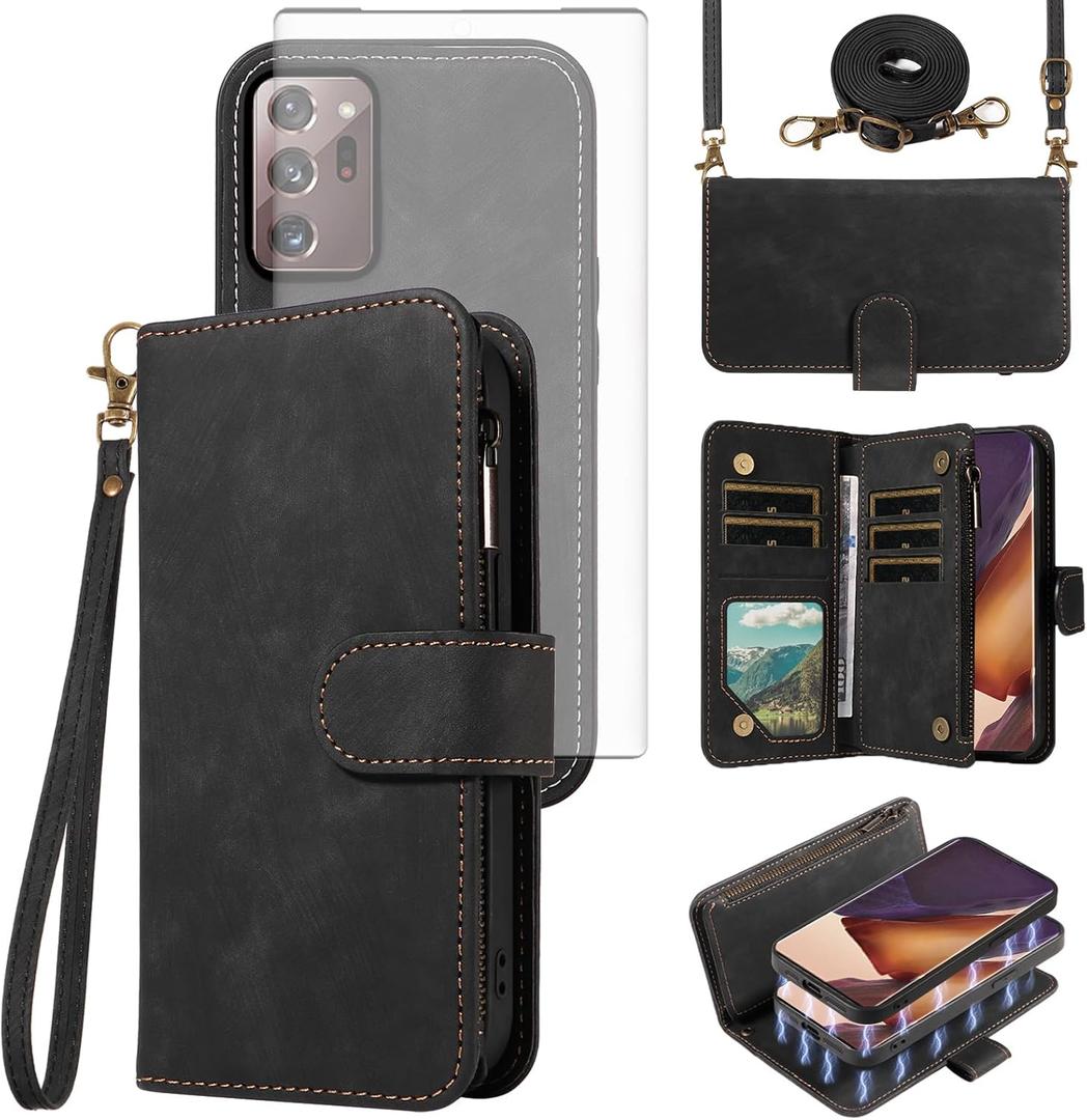 Asuwish Phone Case for Samsung Galaxy Note 20 Ultra 5G Zipper Wallet Detachable Magnetic Cover with Screen Protector Crossbody Lanyard Note20 Plus Notes 20Ultra Note20+ U + 20+ Twenty Not S20 Black