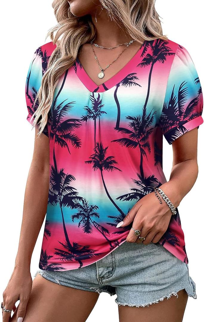 Womens Puff Short Sleeve Hawaiian Shirts Floral Tropic Printed Pleated V Neck Summer Casual T-Shirt Trendy Boho Blouses Tops (Medium, Fuchsia)