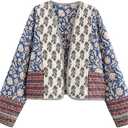 Flygo Women Cropped Puffer Jacket Cardigan Floral Printed Quilted Coats Lightweight Open Front Crop Padded Down Jackets L