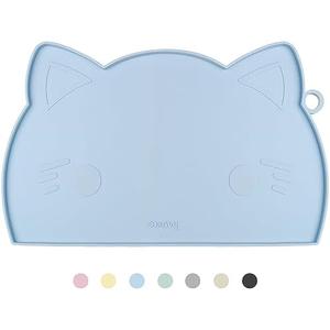 Coomazy Cat Food Mat - Thicker Dog Feeding Mat with Raised Edge, Non-Slip Silicone for Floor, Waterproof (Blue, Medium)