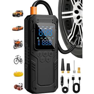 Tire Inflator Portable Air Compressor, 5X Faster Air Pump for Car Tires with Powerful Battery, 12V DC & Autostop, 150PSI Cordless Tire Pump for Car, Motorcycle, Bike, Balls