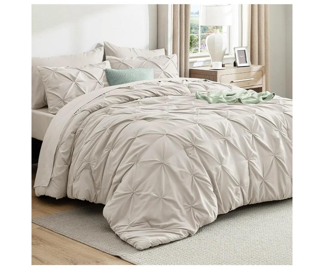 Bedsure California King Comforter Set Linen - Bed in a Bag Cal King 7 Pieces, GentleSoft™ Pintuck Bed Set Gift for Family, Pinch Pleat All Season Comforter with Sheets, Pillowcases & Shams