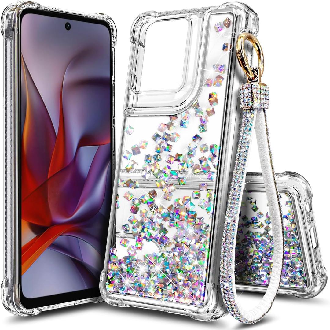 Designed for Motorola Moto G-2025/2026 & Moto G Play 2026 Case, Crystal Gem | Bling Sparkly Glitter Floating Liquid Cute Phone Cover for Women Girls Kids with Diamond Wrist Strap Lanyard