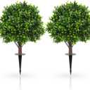JTING' CHOISIR Set of 2 Artificial Boxwood Topiary Ball Trees with Ground Spike, 26 Inches UV Resistant Fake Plant Bushes Shrubs, for Indoor Outdoor Front Porch Garden (Boxwood)