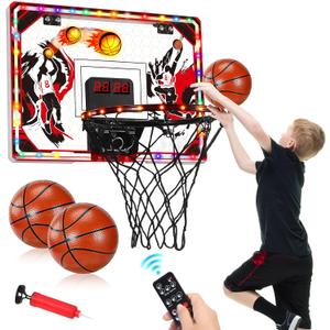 Indoor Basketball Hoop for Kids & Adults, Over The Door Mini Basketball Hoop with Remote Control Scoreboard, 6 LED Light Modes, Foldable Rim Sports Toys for Ages 8-13 Teen Boys Birthday Gifts