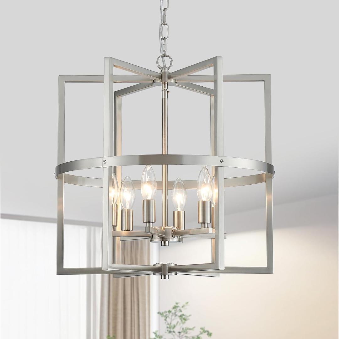 Brushed Nickel Chandelier 6-Light, Dining Room Light Fixture Geometric Metal Modern Chandelier Lighting for Kitchen Island Living Room Entryway, 18 Inch Pendant Hanging Ceiling Lamp
