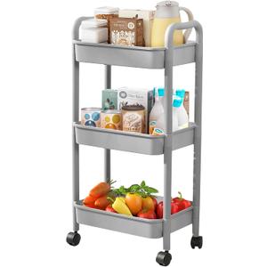 3 Tier Utility Rolling Cart with Handle, Multifunctional Storage Organizer Rolling Carts with Wheels for Bathroom Office Living Room (Grey) (Gray)