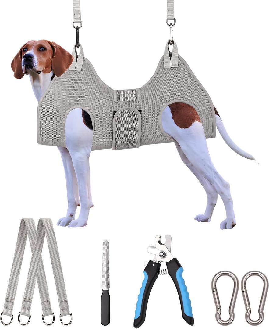 Kkiimatt Dog Grooming Hammock Harness, Dog Hammock for Nail Trim, Gray Dog Restraint for Nail Clipping,Dog Grooming Sling Thick Neck Support, L(56 LB Max) Silver Grey 11-20in