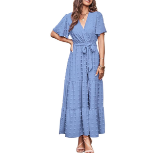 Womens Boho Swiss Dot Maxi Dresses Wrap V Neck Flutter Short Sleeve Solid Tie Belt A Line Tiered Flowy Long Dress, Size M
