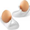 2 Pcs Creative Ceramic Egg Stands, Porcelain Egg Holders Hand Shaped Egg Cups Holder for Hard Boiled Eggs in Living Room, Restaurant and Dining Table for Breakfast, Display