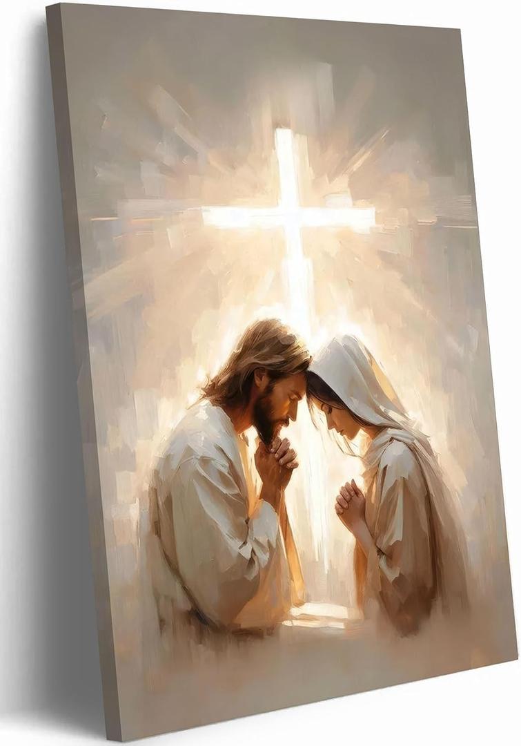 Jesus Praying With Woman Canvas Wall Art Jesus Girl Painting Pictures Wall Decor Christian Radiance Of The Cross Poster Prints for Living Room Bedroom Church Home Decorations 16x24 in Ready to Hang