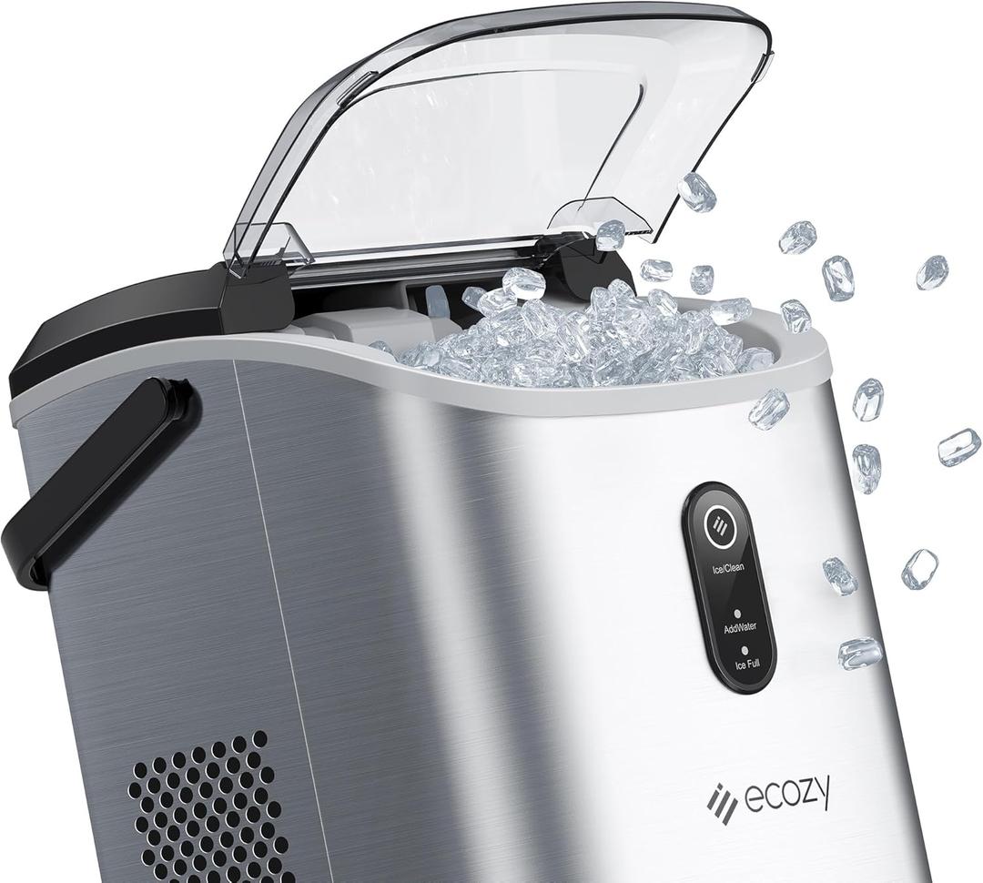 ecozy Nugget Ice Maker Countertop with Handle, Pebble Ice in 5 Mins, 33 lbs Per Day, Self-Cleaning Ice Machine with Ice Bags and Scoop, Portable Ice Maker for Kitchen, Bar, Parties, Camping, RV (Stainless Steel)