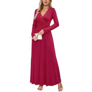 OUGES Women's Long/Short Sleeve V-Neck Wrap Waist Maxi Dress (Large A-wine)