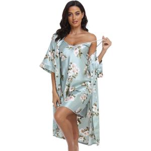 Women's Satin Robe Set 2 Piece Pajama Sets Sexy Lingerie Robes Soft Sleepwear Silky Kimono Nightgown with Camisole (Aqua Floral),XL Women's Satin Robe Set 2 Piece Pajama Sets Sexy Lingerie Robes Soft Sleepwear Silky Kimono Nightgown with Camisole (Aqua Floral),XL