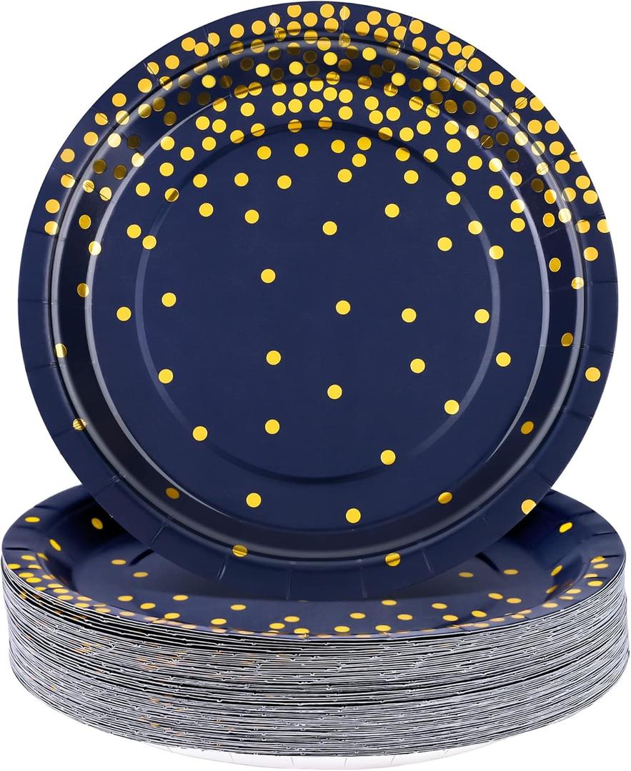 Aneco 60 Pieces 7 Inches Disposable Paper Plates Navy Blue Plate Blue and Gold Foil Dot Dessert Plate Round Paper Plates for Wedding Bridal Shower Birthday Party Decorations