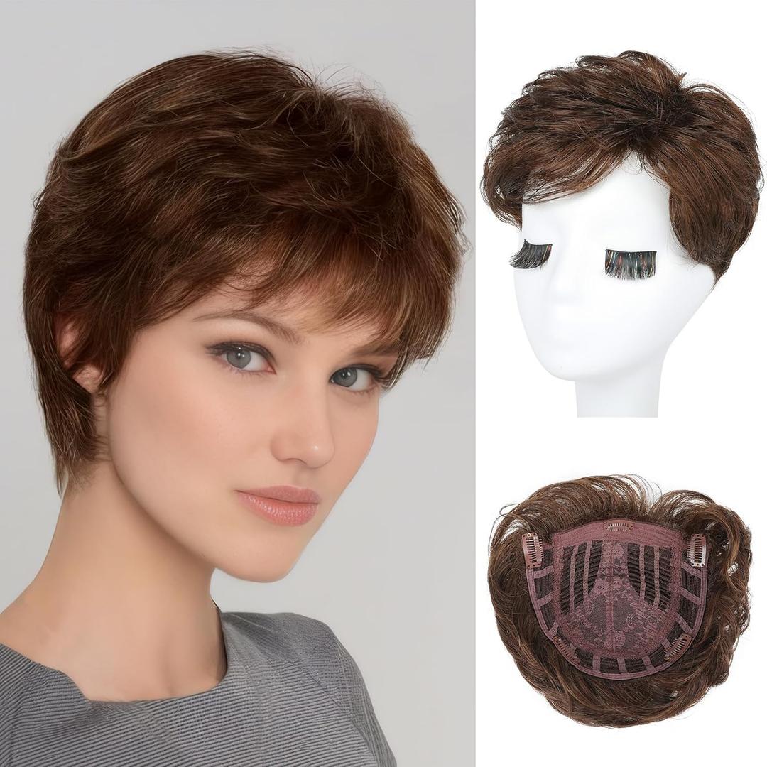 REECHO Hair Topper for Women - 100% Japanese Revolutionary Fiber Short Toupee Wiglet Topper Hairpiece for Women with Thinning Hair Loss Lightweight Large Base for Full Coverage - Dark Chocolate Brown