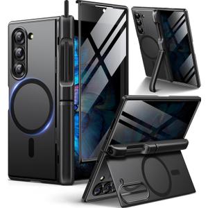 BERFY Magnetic Armor Stand for Z Fold 6 with Privacy Screen Protector, [Compatible with MagSafe][Anti Spy] Built-in S Pen Holder & 2 Invisible Kickstands, Full-Body Case for Galaxy Z Fold 6, Black