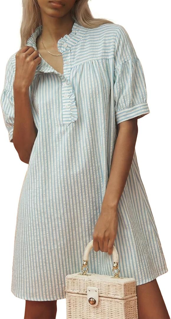 BLENCOT Womens Button Down Shirt Dresses Casual Striped Cotton Stand Collar Ruffle Puff Sleeve Summer Mini Dress (Medium)