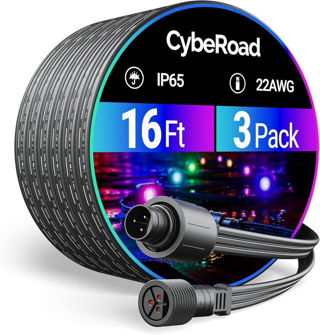 16FT(3Pack) Extension Cable for eufy Permanent Outdoor Lights E22 & S4, Outdoor Lights Extension Cord for eufy T8L02 & T8L04, IP65 Waterproof, Ideal for Holiday Decorations, Black