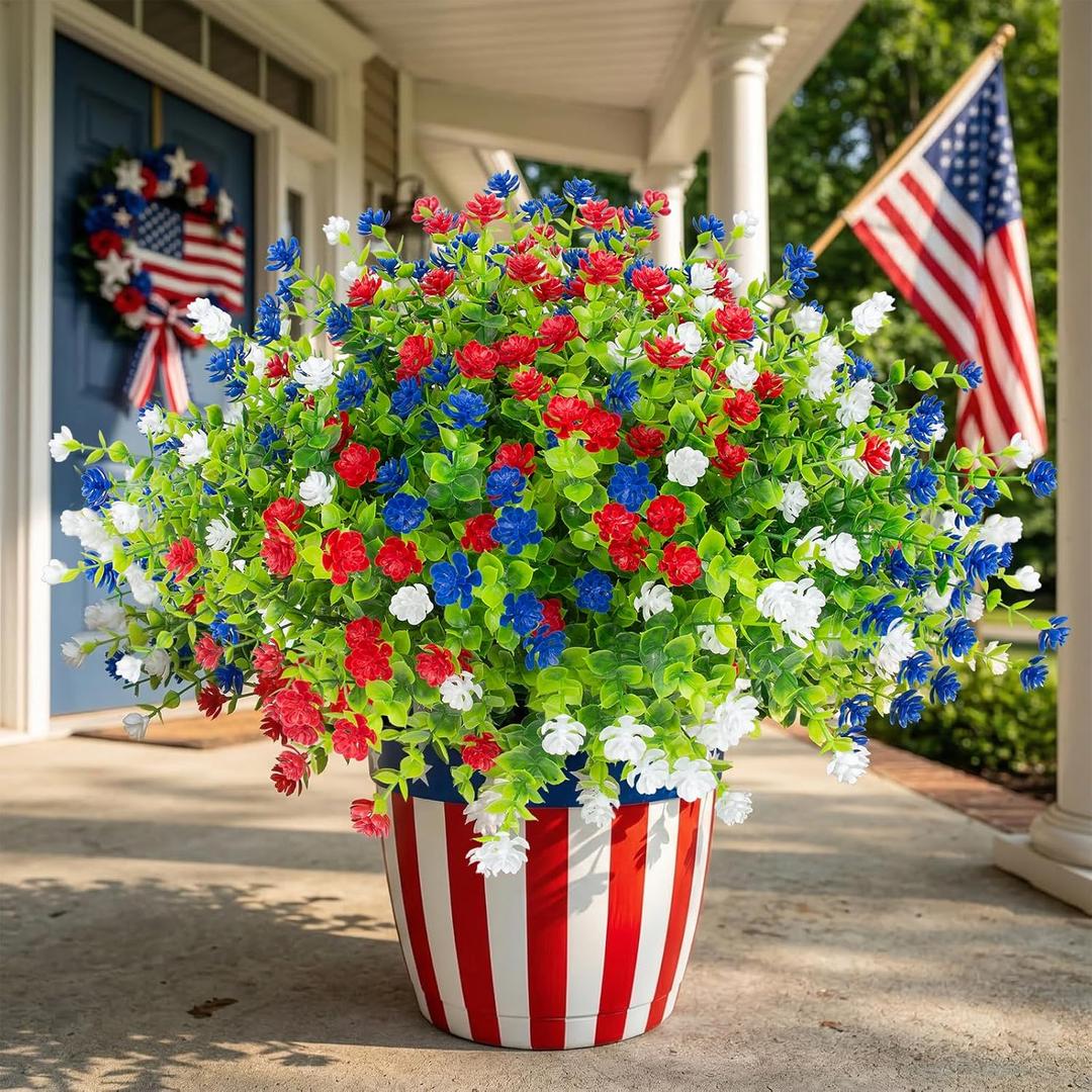 Hananona 12 Pcs Artificial Flowers Outdoor, Faux Artificial Plants UV Resistant Plastic Patriotic Flower Bulk for 4th of July Hanging Planter Porch Window Home Summer Decor 12, Red, White, Blue, 13"