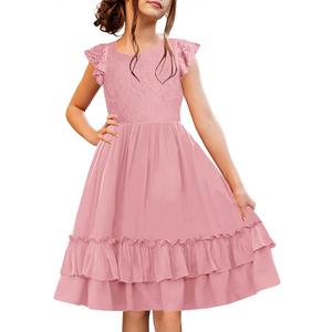 HOSIKA Girls Lace Flower Boho Ruffle Sleeve A-Line Tiered Summer Dress for Wedding Party with Pockets, Pink, 8-9 