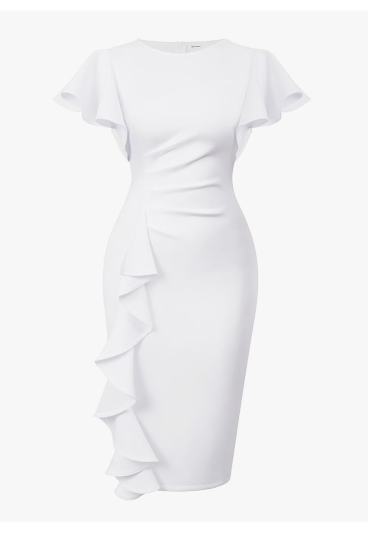 Memoriesea Women's Vintage Church Ruffle Sleeve Ruched Bodycon Work Midi Pencil Dress, Size L
