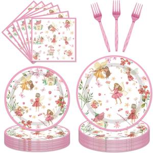 Fairy Birthday Party Supplies Tableware - 96PCS Butterfly Flower Fairies Plates and Napkins Birthday Decorations, Enchanted Forest Garden Party Tableware Set, Fairy Party Supplies Serve 24 Guests