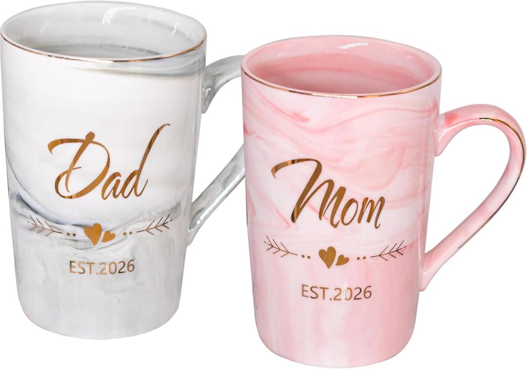 Dad and Mom Couple Mugs - New Parents Gifts First Time Pregnancy Gifts EST 2026 Dad and Mom Coffee Mug Set- Elegant Gift for Baby Shower Mother's Day Father's Day - 12.5oz Ceramic Coffee Cup