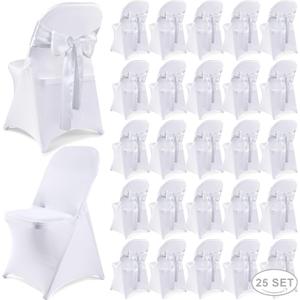 Lounsweer 50 Pcs Folding Chair Cover Set with 25 Stretch Spandex Slipcovers 25 Satin Chair Sashes Bows Ribbon Washable Banquet Protector for Wedding Event Party(White, White)