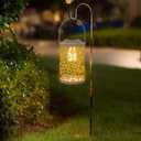 Outdoor Solar Lights, Vintage Metal Hanging Light with White LED Filament Bulb, Waterproof Tabletop Solar Powered Lanterns for Garden Pathway Fence Yard Hang Hook Patio Porch Decor, Ash Gold