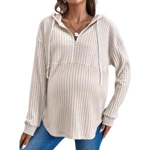 Women's Maternity Sweatshirts Long Sleeve Rib Knit Half Zip Up Hoodies Pullover Tops Fall Clothes (Large, Khaki Plain)