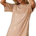 R.Vivimos Women's Loose Party Sparkly Sequin Dress Short Sleeve Back Button Crew Neck Glitter Mini Shift Dress Clubwear (X-Large, Rosegold)