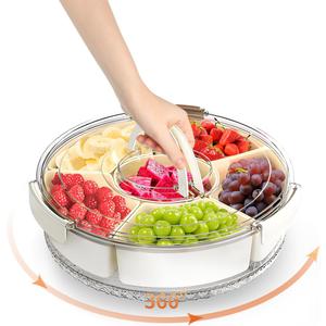 Divided Serving Tray with Lid and Handle, Round Rotating Snackle Box Container, 6-Compartment, for Fruits Candy Organizer, Portable Spinning Rounded Veggie Tray for Kitchen, Party, Trave and Picnic