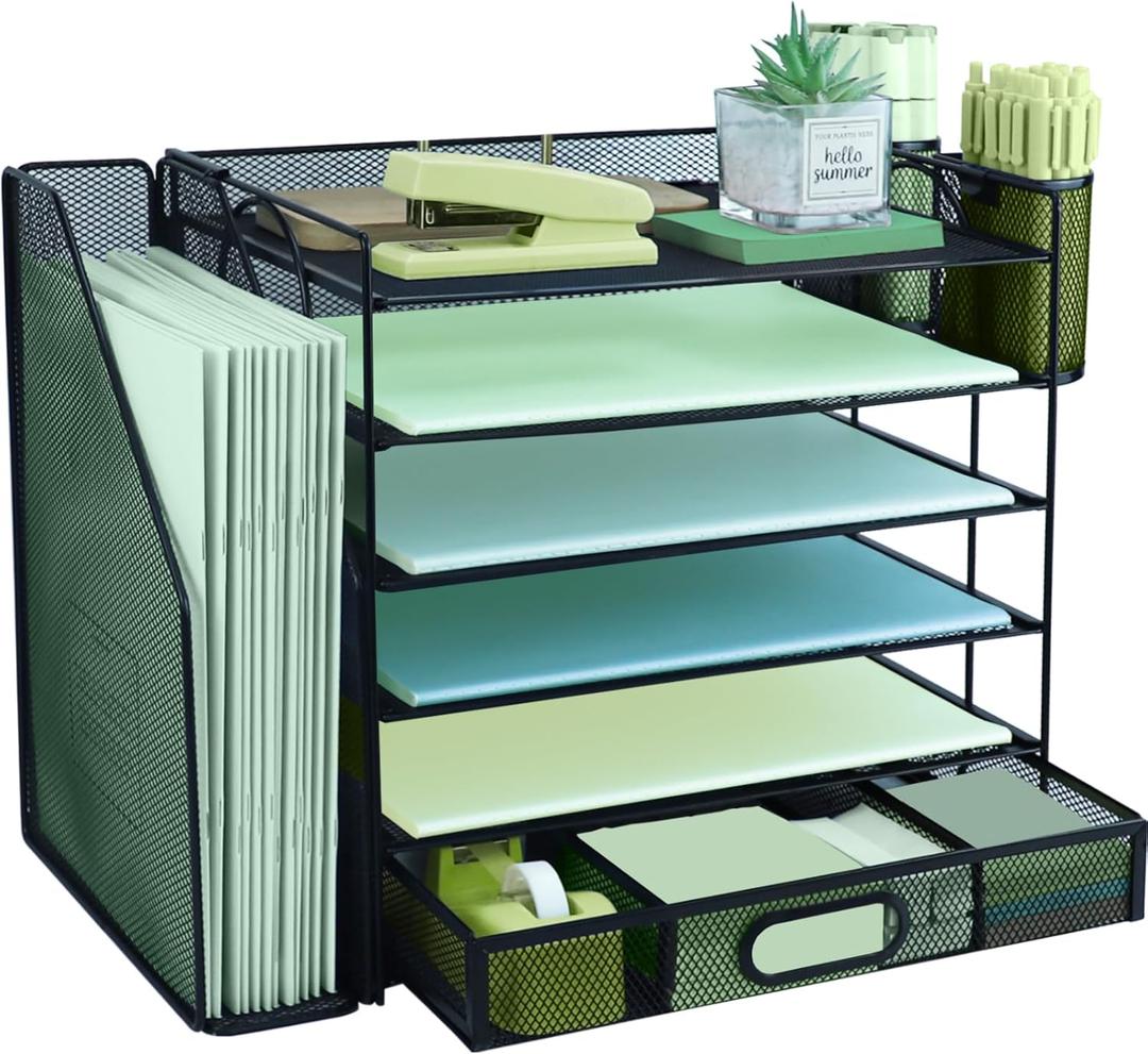 6 Tier Desk File Organiser with Extra Vertical File Sorter, Paper Letter Tray with Top Stationery Drawer Holder, A4 Paper Desktop Filing Trays, Magazine Document Holder for Home Office, Black