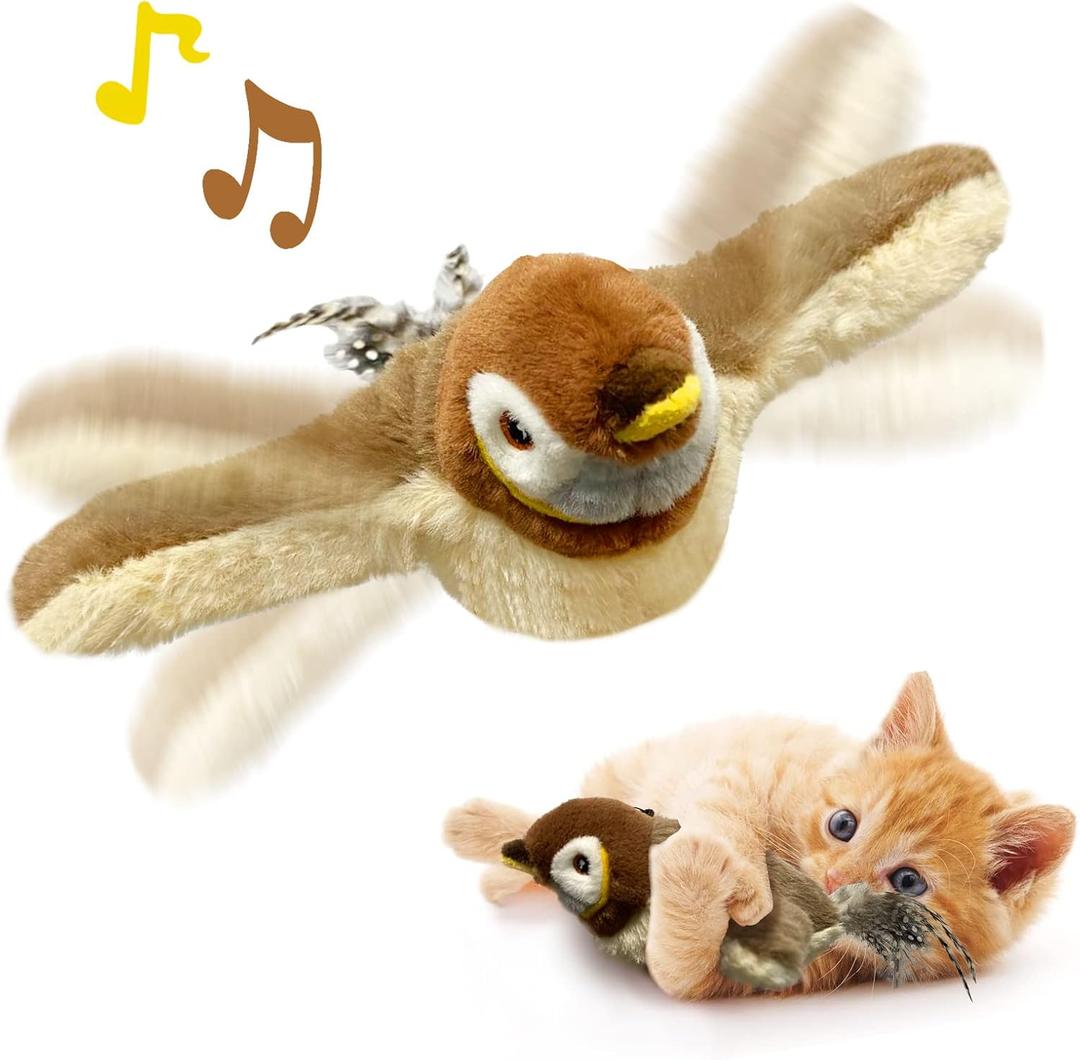 KreizyGo Cat Toys, Flapping Wings Sparrow, No Flying, Chirping Bird Interactive Catnip Toy for Kitten or Small Dogs, Touch Activated, Rechargeable